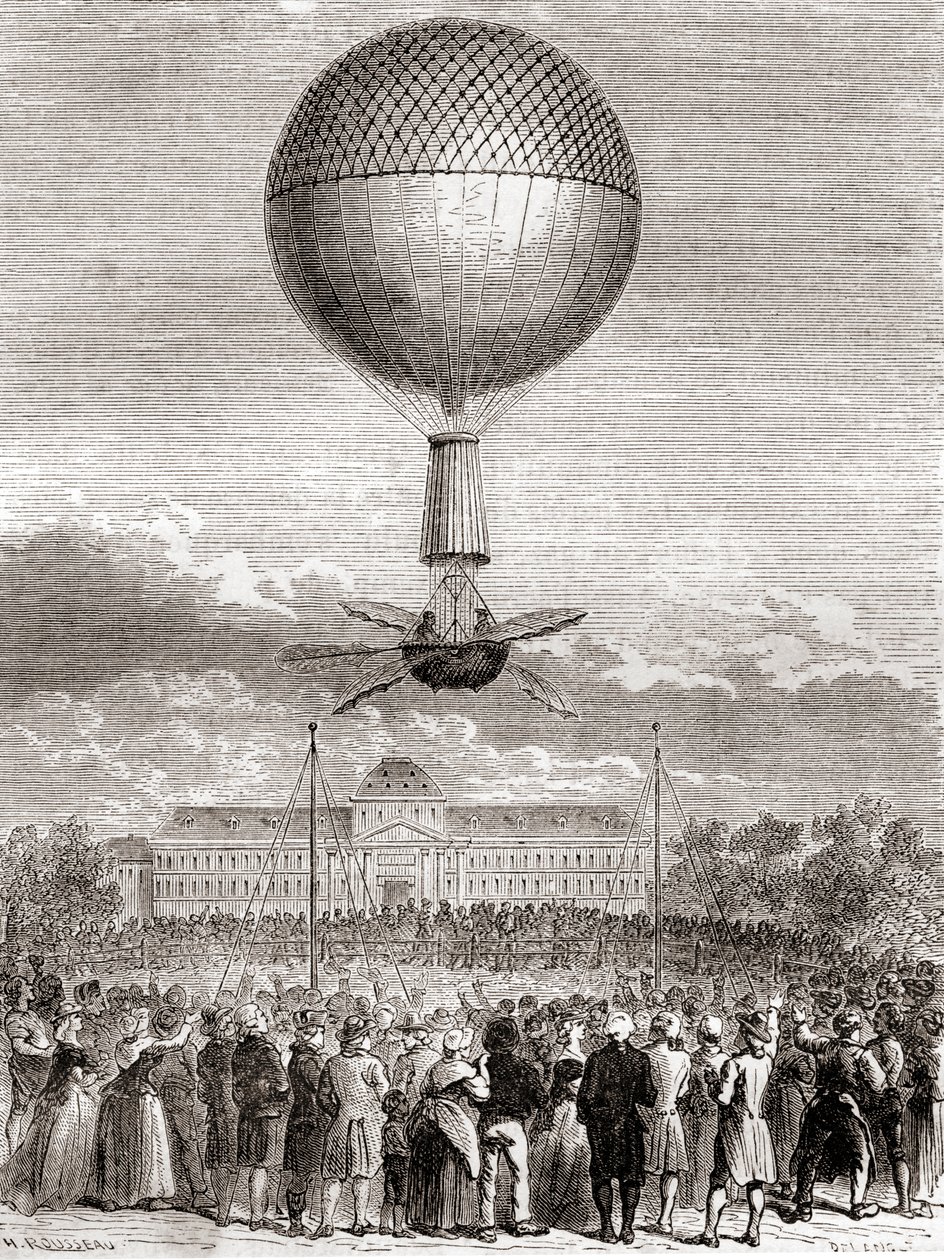 Le premier vol en ballon réussi de Jean-Pierre François Blanchard le 2 mars 1784, dans un ballon à gaz hydrogène lancé depuis le Champ de Mars, Paris, France, extrait de Les Merveilles de la Science, publié vers 1870 (gravure) - French School