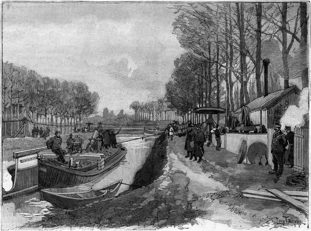 Le halage funiculaire des bateaux sur les canaux à Joinville-le-Pont, suivant le système Maurice Lévy. - French School
