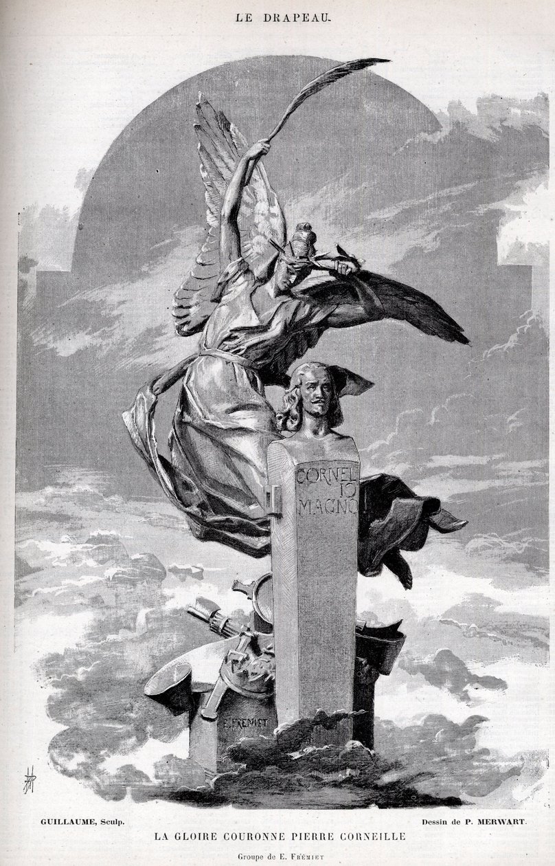 La gloire couronne Pierre Corneille - dessin de Merwart pour « Le Drapeau - Moniteur Illustre de la Ligue des Patriotes » - 1884 - French School
