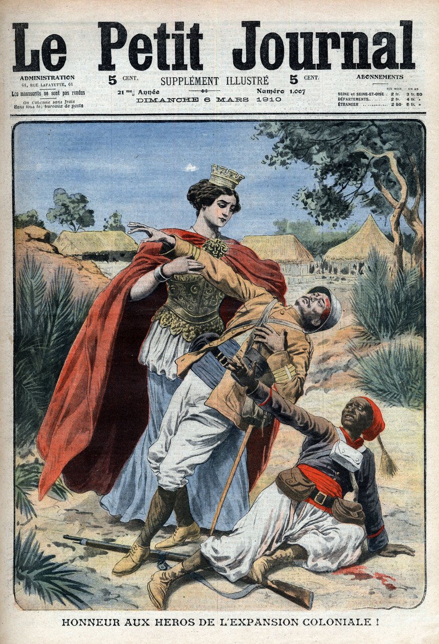 Les héros du colonialisme (en Afrique du Nord) sont honorés - gravure allégorique « Le Petit Journal », 6 mars 1910 (gravure) - French School
