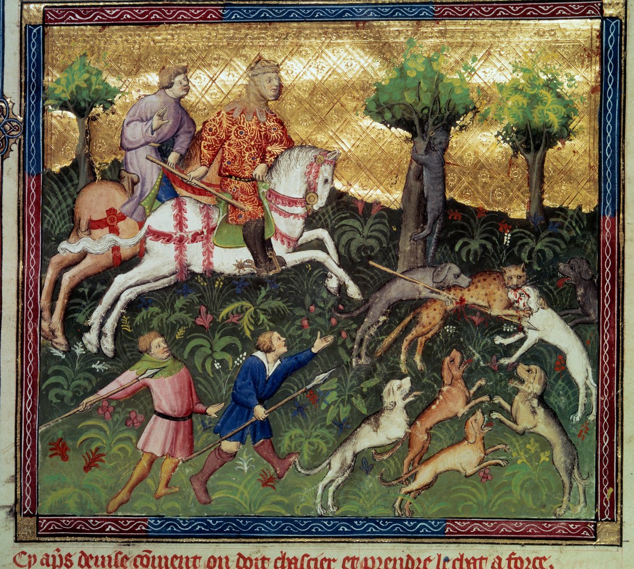 La chasse au chat sauvage. Miniature tirée du « Livre de la chasse » de Gaston III Phoebus, Comte de Foix, Seigneur de Béarn (1331-1391) - French School