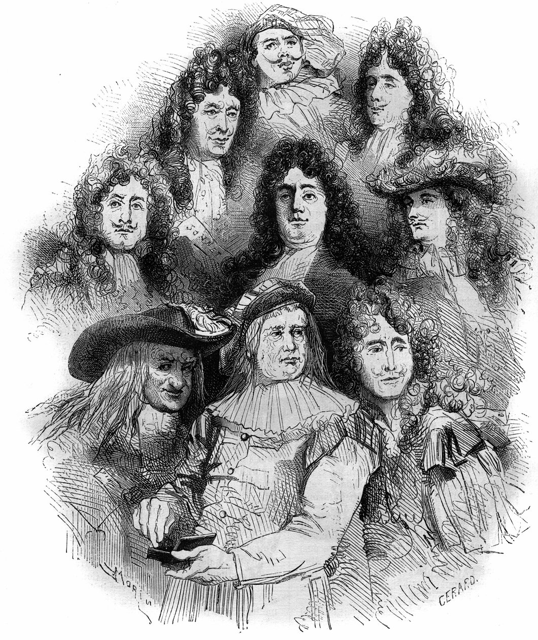 Les interprètes de Molière à la Comédie-Française en 1862-1863. De bas en haut : Provost (Arnolphe), Joseph Samson (1893-1871) (Sganarelle), Geffroy (Clitandre), Bressant (Don Juan), Edmond Got (1822-1901) (Trissolin), Louis Delaunay (1826-1903) (Horace) - French School