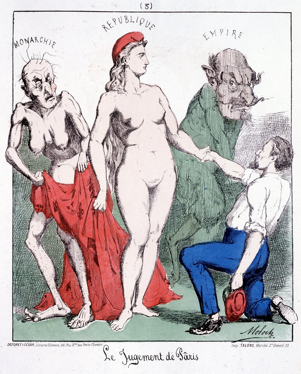 Le jugement de Pâris : Monarchie - République - Empire (un communard choisit la République). Caricature sur la Commune - French School