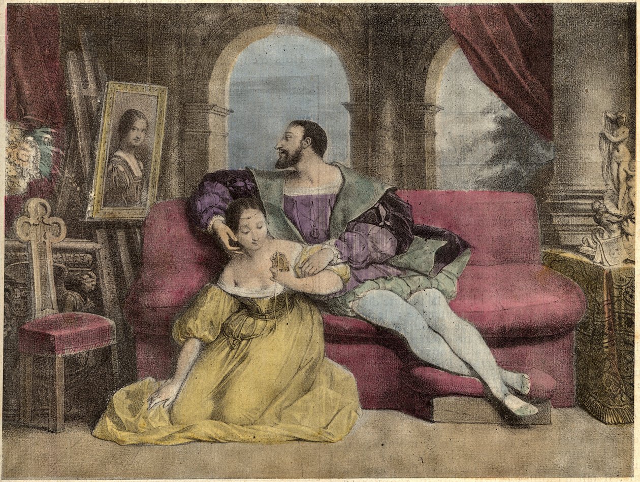 Le roi de France François Ier (1494-1547) et la belle ferronnerie. Lithographie de Daveria de 1838 dans "Rires et Galanterie". Collection hebdomadaire d