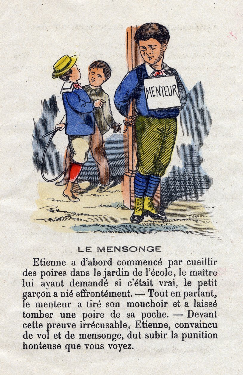 Le mensonge. Un écolier déchiré et attaché à un poteau avec un panneau « menteur » autour du cou pour le punir de son mensonge. Alphabet des petits garçons. Abécédaire à valeur morale contenant des exercices de lecture. Imagerie d