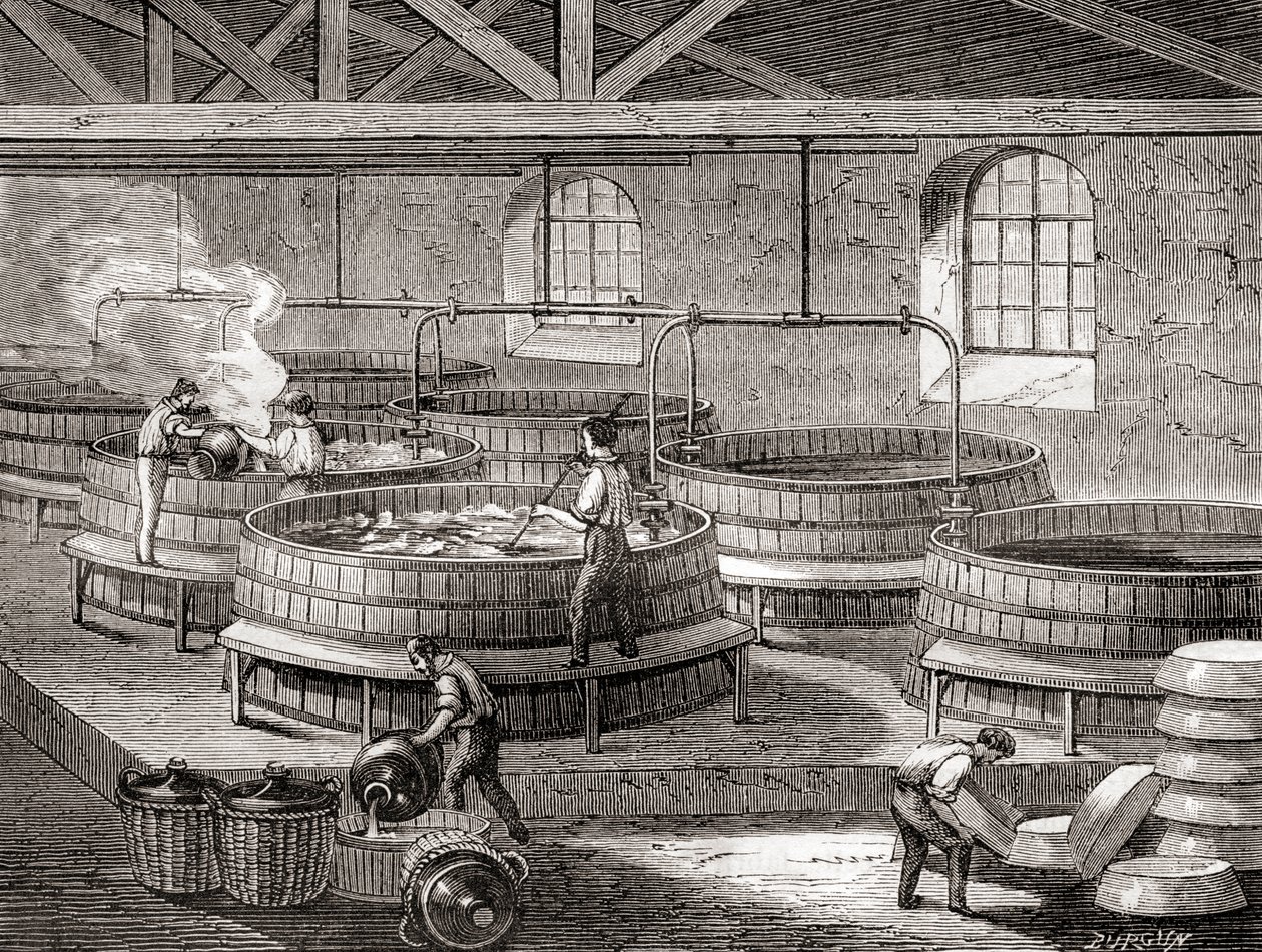 La fabrication de savon dans de grands réservoirs au 19ème siècle, de 