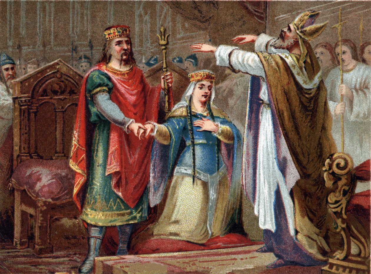 Le mariage de Clovis (481-511) roi des Francs avec Clotilde en 493. Chromolithographie de la fin du XIXe siècle. - French School