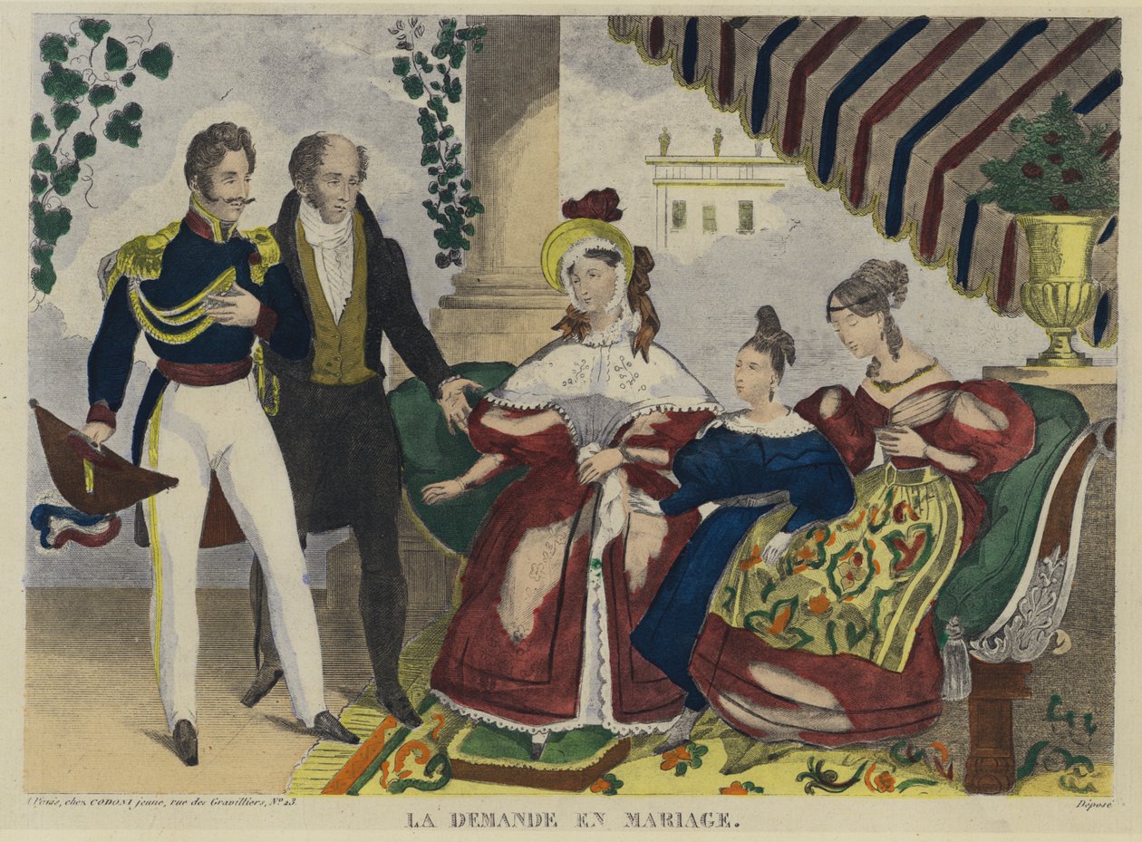 La demande en mariage (lithographie couleur) - French School