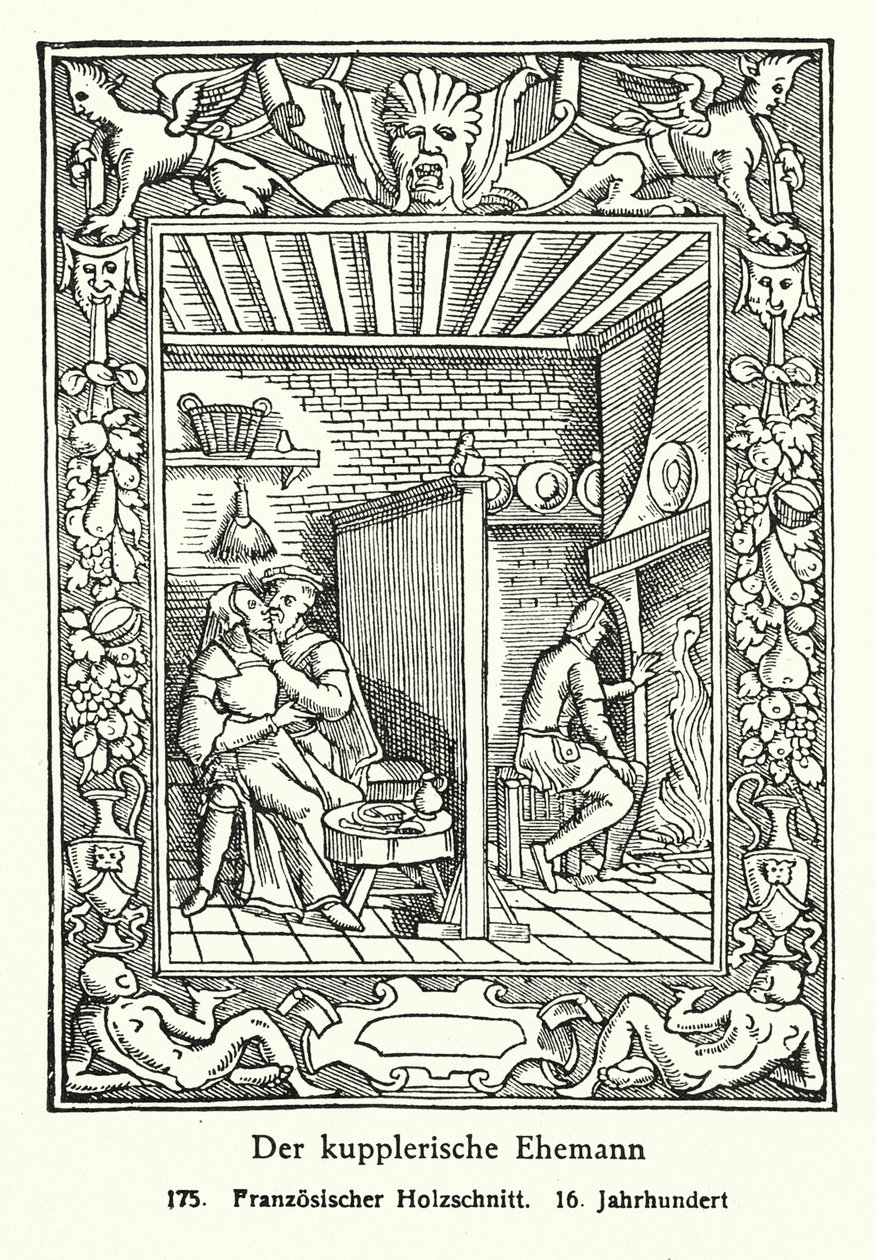 Le mari entremetteur (gravure sur bois) - French School