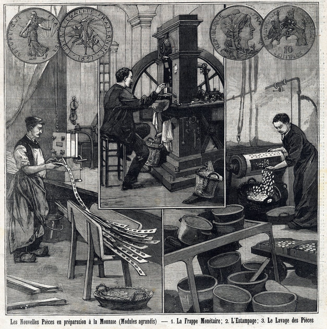 Les nouvelles pièces françaises en préparation montrent les pièces et les étapes de fabrication (frappe monétaire, estampage et lavage des pièces). Dans « Le Petit Parisien » - French School