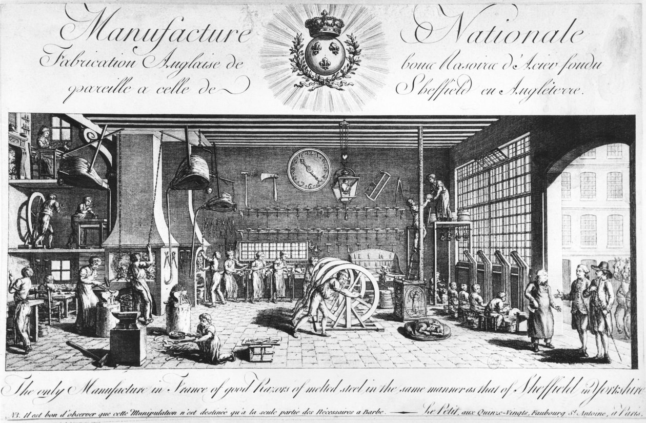 La seule manufacture en France de bons rasoirs en acier fondu de la même manière que celle de Sheffield en Angleterre, Yorkshire, fin du XVIIIe siècle - French School