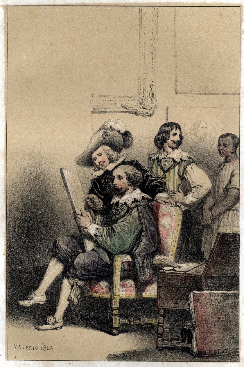 Le peintre Diego Velázquez (1599-1660) accueillant dans son atelier Pierre Paul Rubens (1577-1640). Planche tirée de « Scènes de la vie des hommes célèbres », gravure en deux teintes par Valerio. 1843. - French School