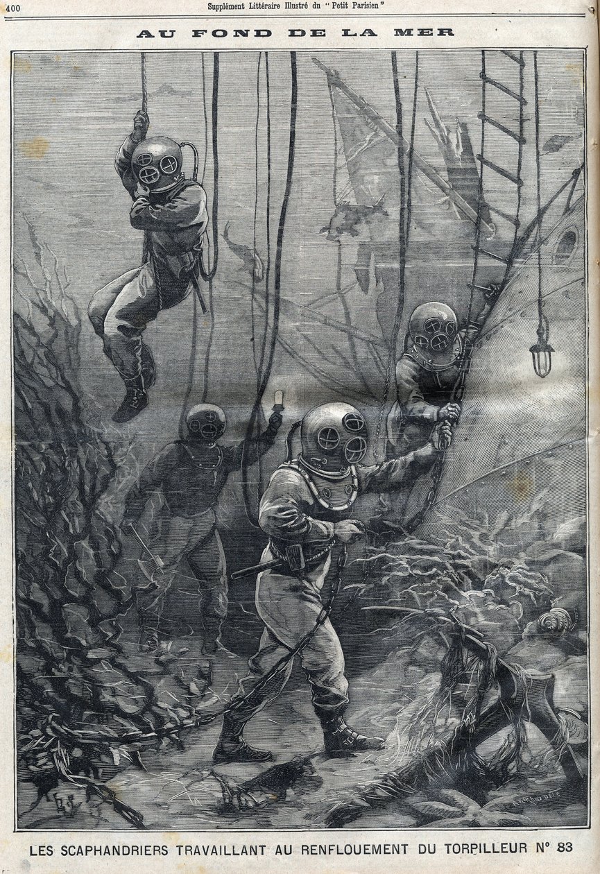 Les scaphandriers travaillant au renflouement de la torpille 83 qui avait coulé dans la baie de Douarnenez en Finistère en Bretagne, dans "Le Petit Parisien" - French School