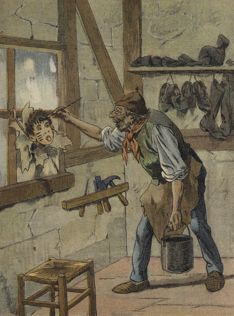 Le cordonnier marque les heures sur la figure du petit Jeannot (lithographie couleur) - French School