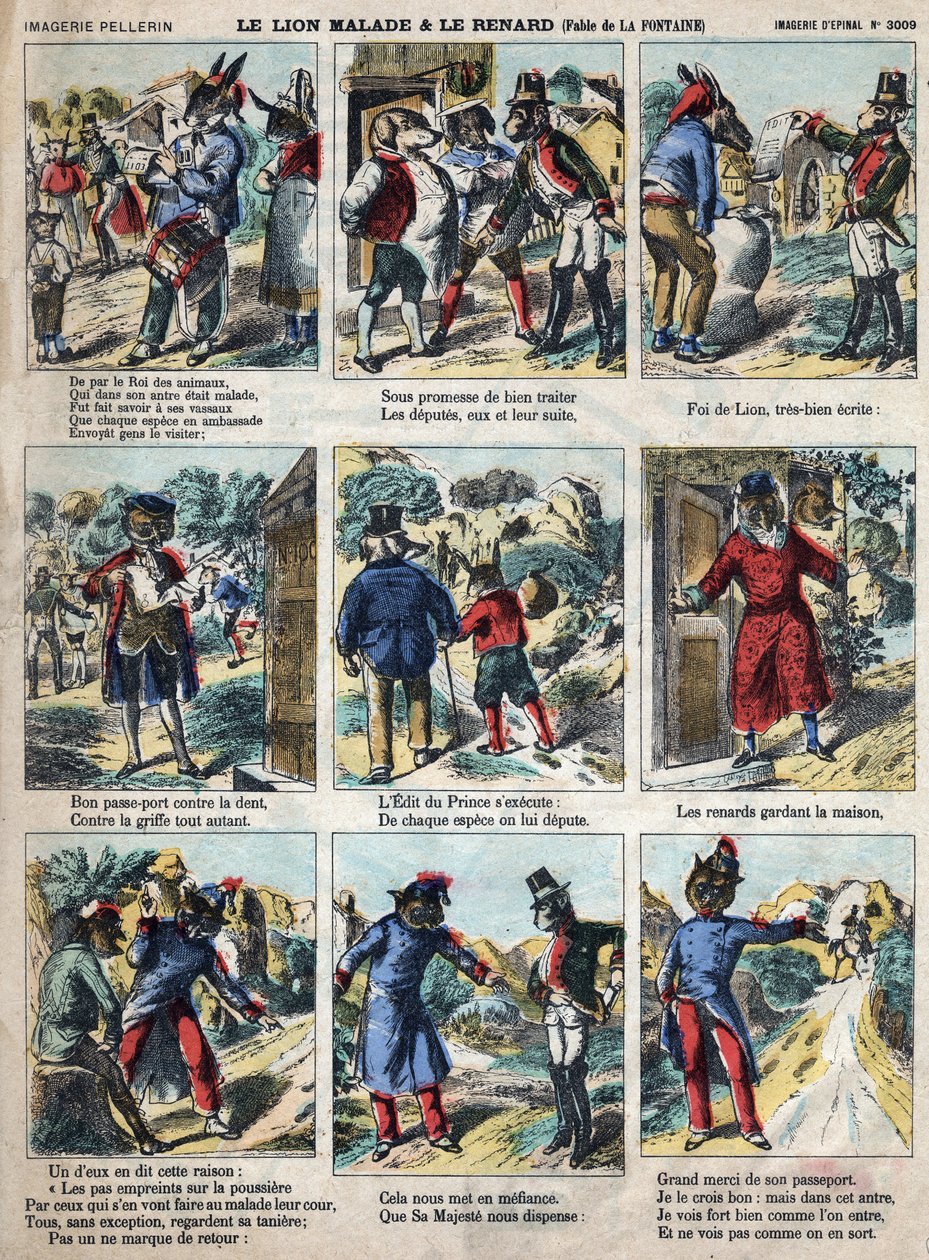 Le lion malade et le renard. Fables de Jean de La Fontaine (1621-95). Imagerie d