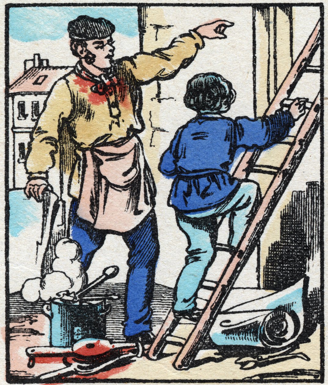 Le chatouilleur. Gravure dans « La chanson des métiers ». Imagerie d