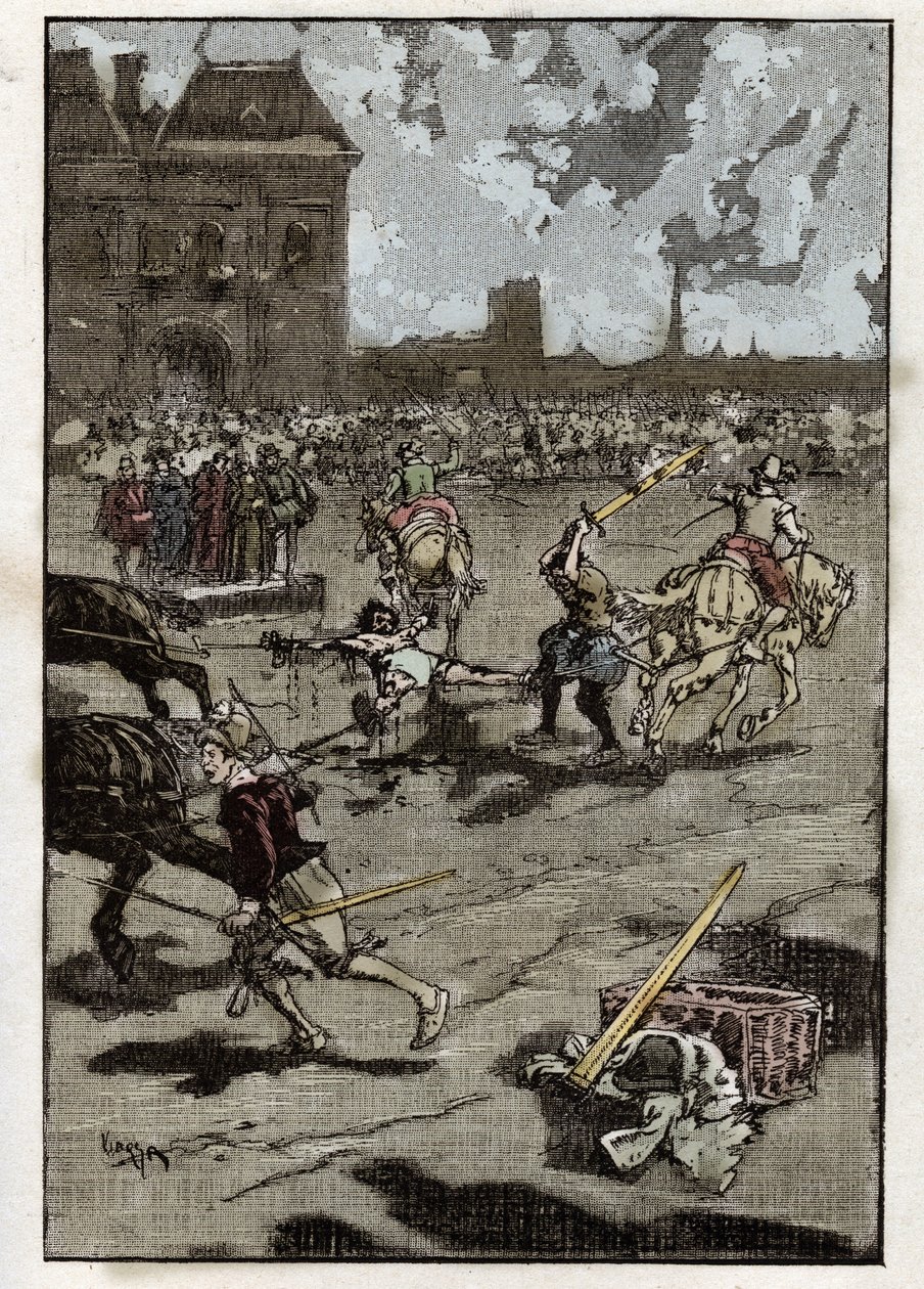 La torture de François Ravaillac meurtrier du roi Henri IV : il est écartelé à Paris le 27 mai - French School