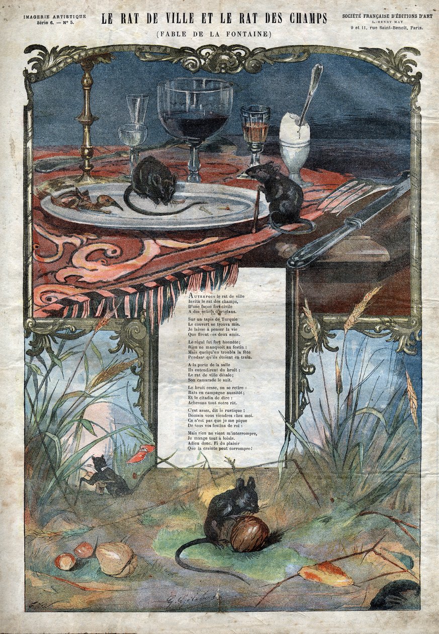 Le rat de ville et le rat des champs. Fables de Jean de La Fontaine (1621-95). Illustration de la fin du XIXe siècle. - French School