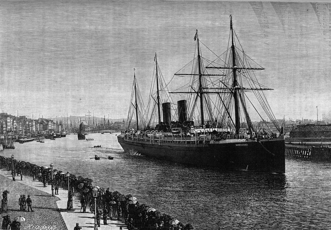 Le paquebot transatlantique « La Gascogne » dans le port du Havre en 1887. Gravure dans le journal illustré « La Jeunesse » - French School