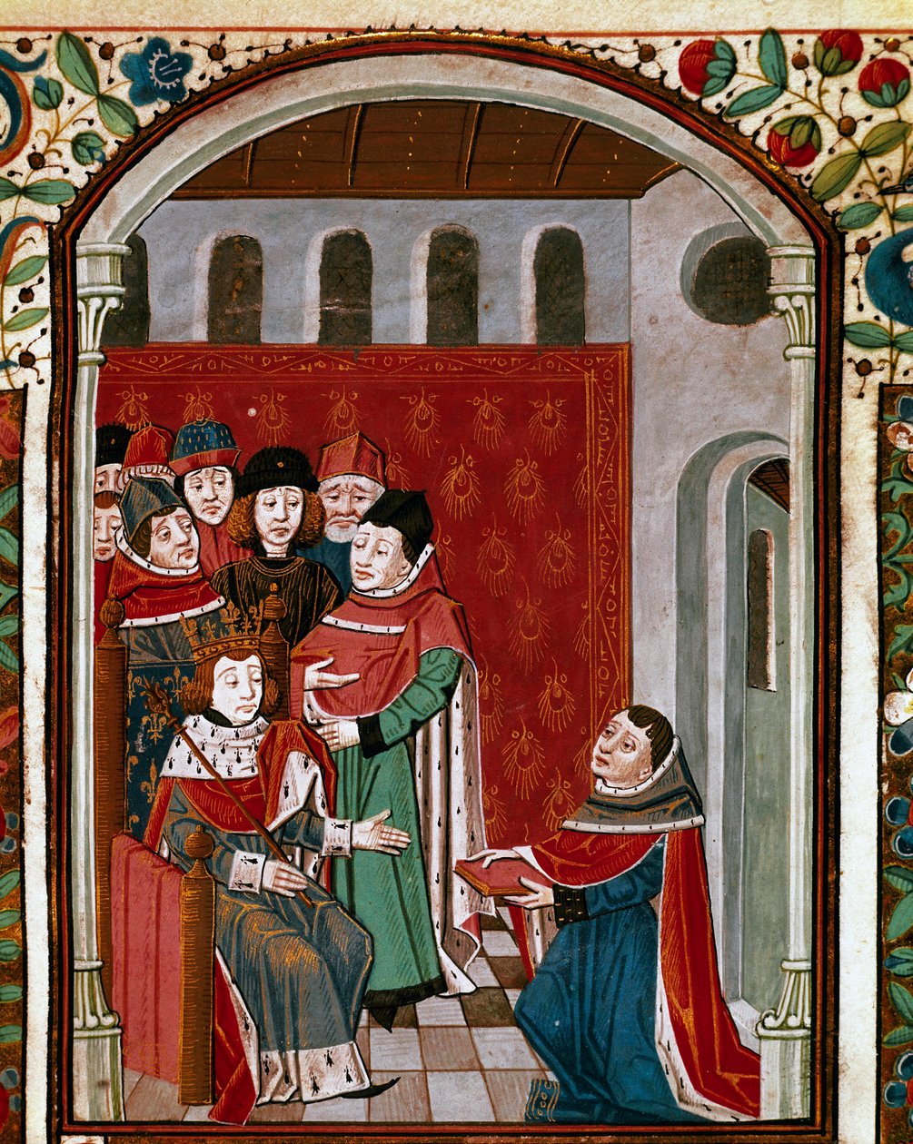 Le traducteur Jean de Meung (ou Clopinel ou Chopinel) (1240-1305) offre son œuvre au roi Philippe IV le Bel (1268-1314). Miniature tirée de « De Consolatione Philosophiae » par le philosophe latin Boèce (Boetius) (475-520), traduit par Jean de Meung - French School