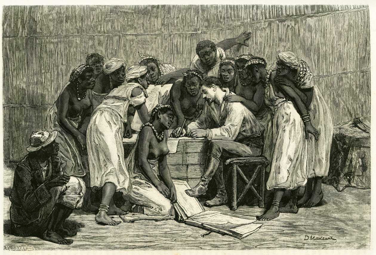La visite des reines, les seize épouses du roi Sepopo, dans la case du Dr. Holub. Gravure de D. Maillard, pour illustrer l