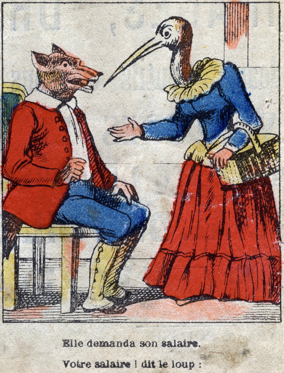 Le loup et la cigogne. Fables de Jean de La Fontaine (1621-95). Imagerie d