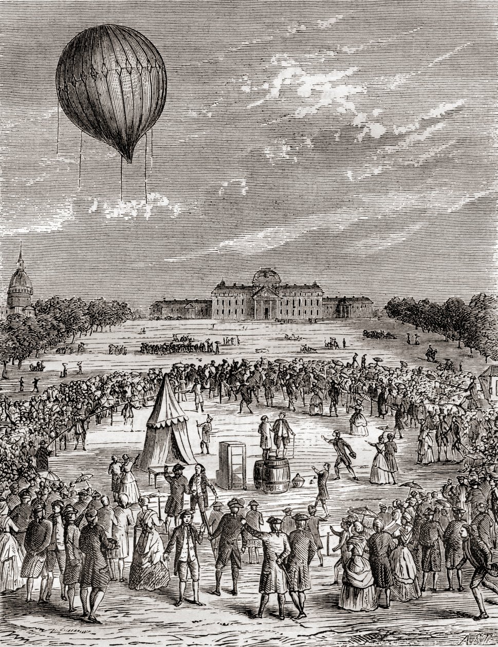 Le premier ballon à hydrogène du monde, lancé au-dessus du Champ de Mars, Paris, France en 1783, de Les Merveilles de la Science, publié vers 1870 (gravure) - French School