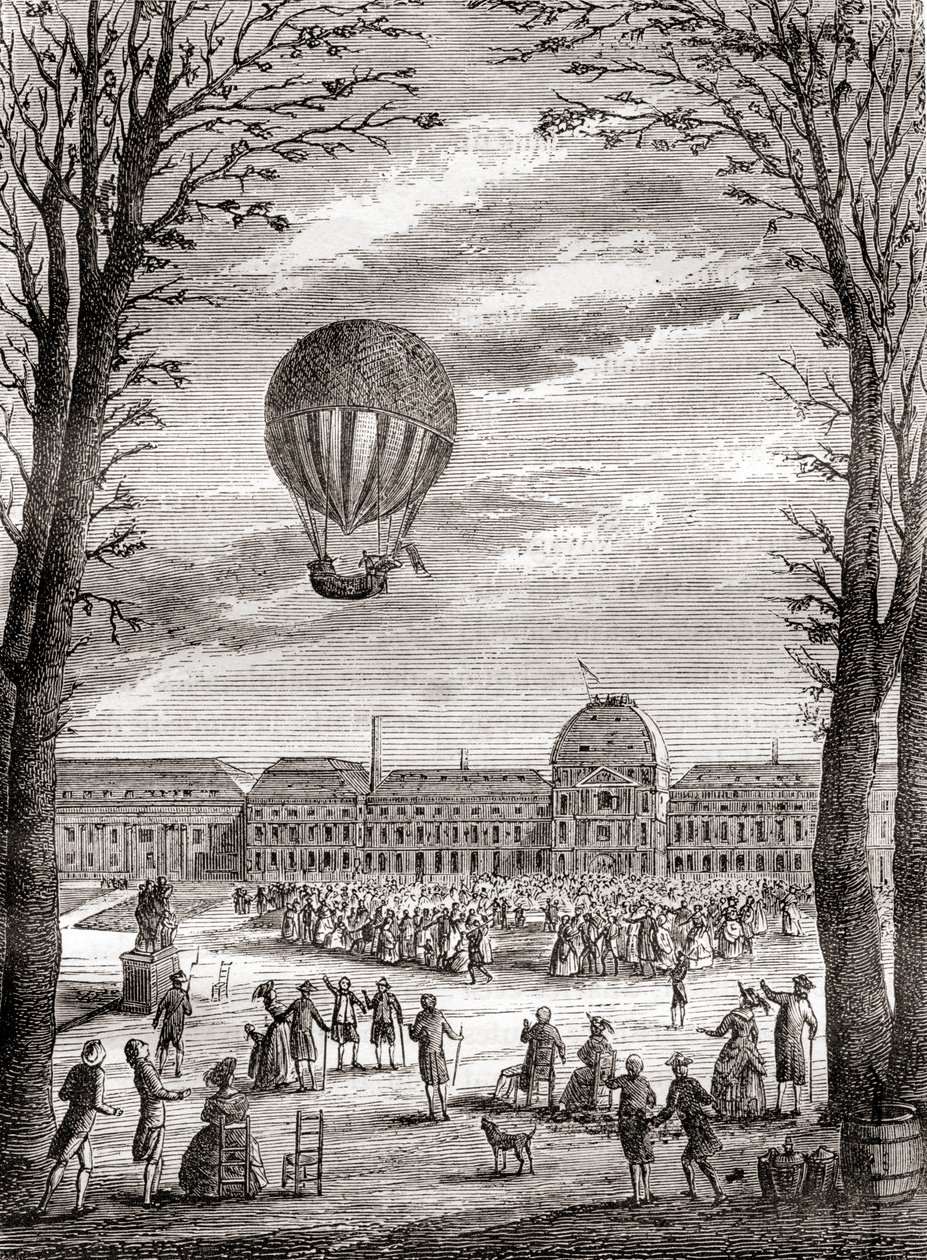 Le premier vol habité en ballon à hydrogène au monde au-dessus du Champ de Mars, Paris, France le 1er décembre 1783, piloté par Nicolas-Louis Robert et le professeur Jacques Charles, de 