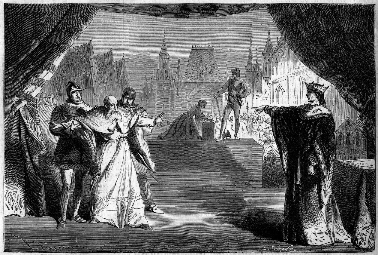 Représentation théâtrale : Acte II scène sept de « La Fille du juge franc » par Adolphe Carcassonne - French School