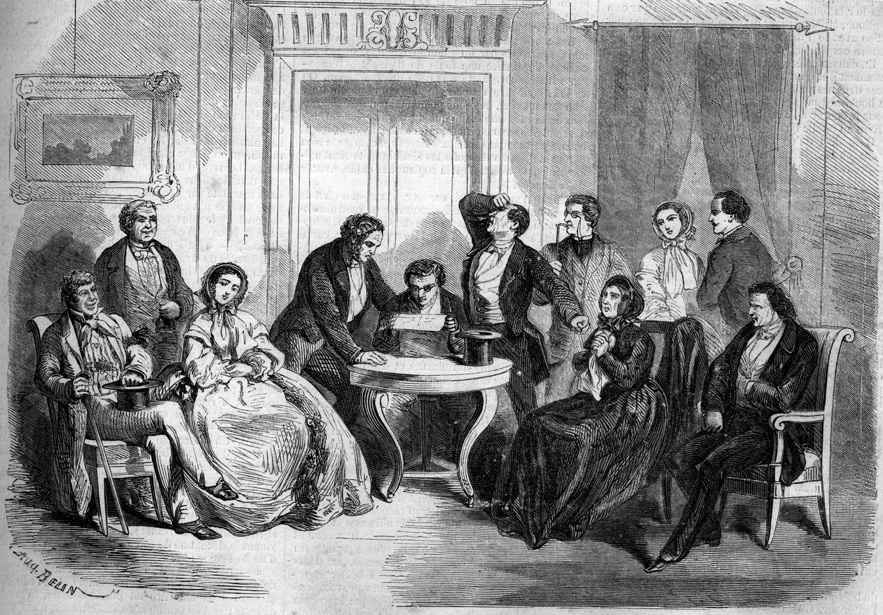Représentation théâtrale du « Testament de César Girodot » (scène de la lecture du testament, Acte I) par Adolphe Belot et Edmond Villetard. Paris, Théâtre Impérial de l