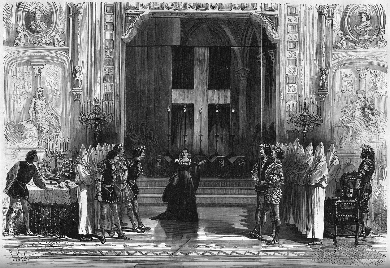 Représentation théâtrale : scène des cercueils dans "Lucrèce Borgia" de Victor Hugo (1802-1885). Paris, Théâtre de la Porte Saint-Martin - French School