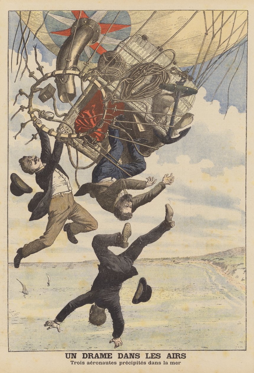 Trois aérostiers italiens tombant dans la mer (lithographie couleur) - French School