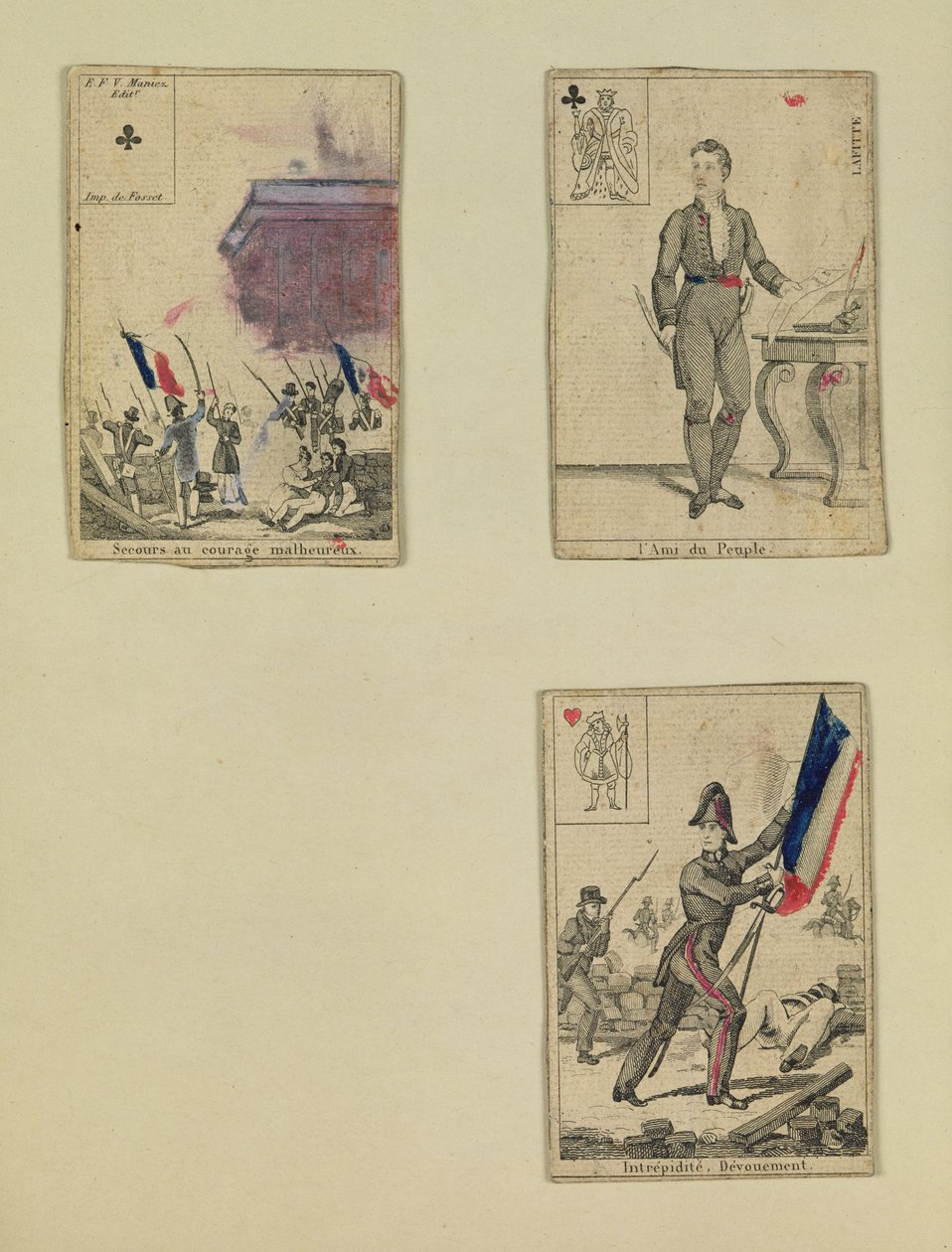 Trois cartes à jouer commémorant les héros de juillet 1830, 1831 - French School