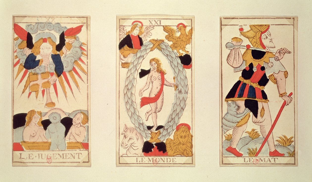 Trois cartes de tarot représentant le Jugement, le Monde et le Fou (gravure sur bois en couleur) - French School
