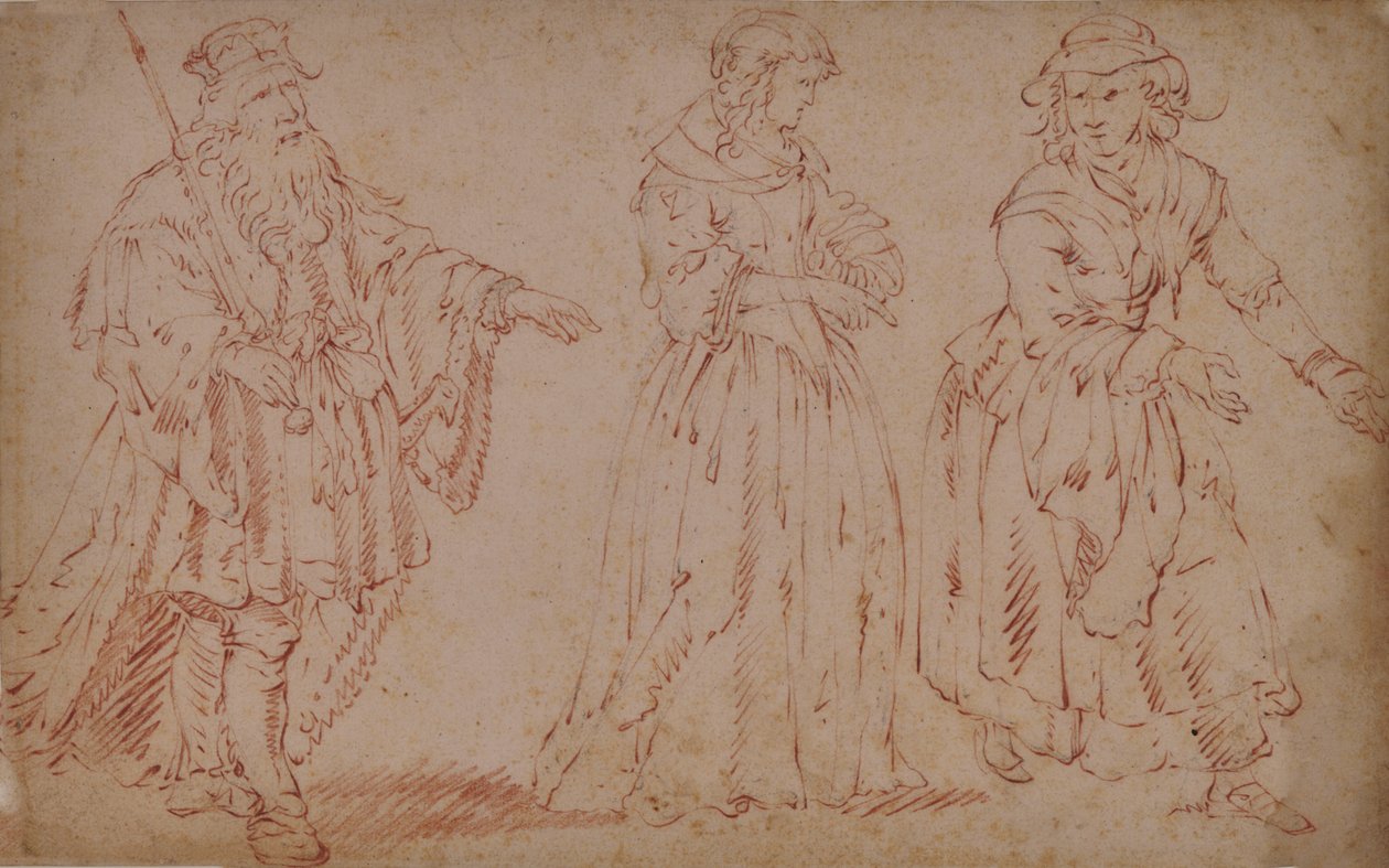 Trois personnages théâtraux : le roi Lear, Cordelia et la servante - French School