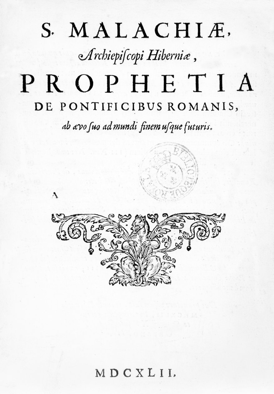 Page de titre de la Prophétie des Papes, publiée en 1662 - French School