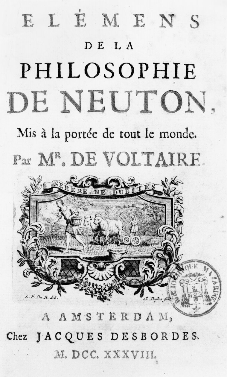 Page de titre des Éléments de la Philosophie de Newton par François Marie Arouet Voltaire (1694-1778) Amsterdam, publié en 1738 - French School