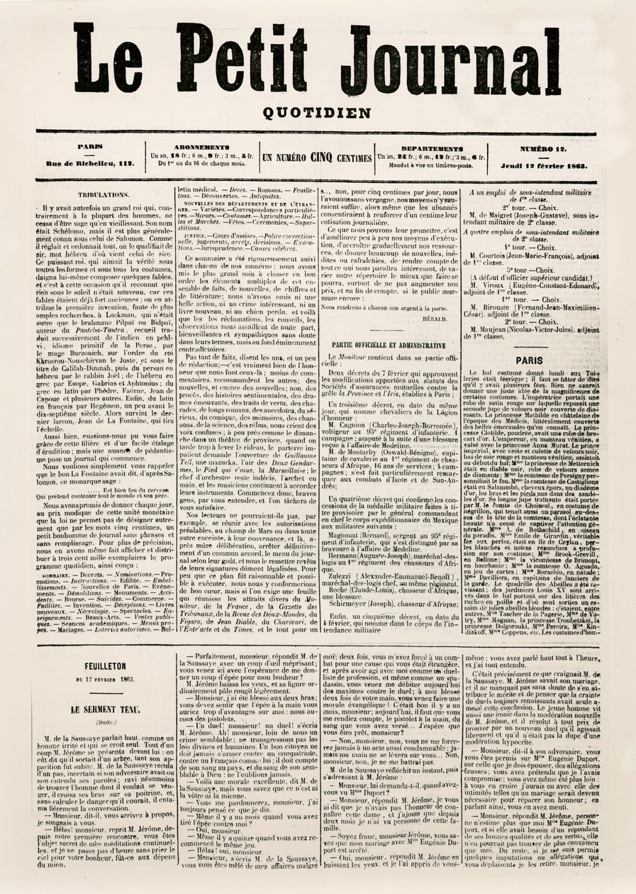 Page de titre du quotidien Le Petit Journal, 12 février 1863 - French School