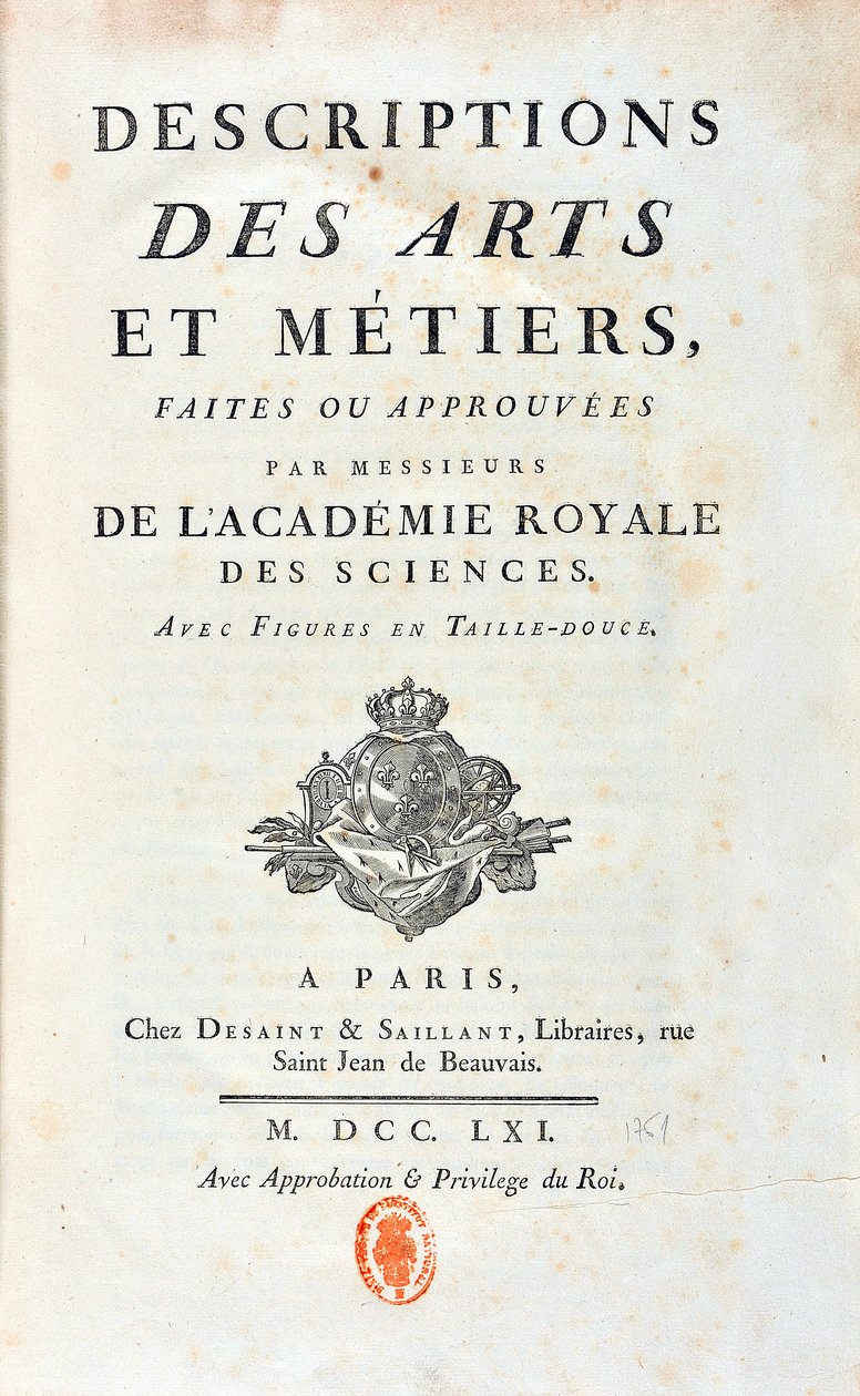 Page de titre de "Descriptions des Arts et Métiers faites ou approuvées par les messieurs de l
