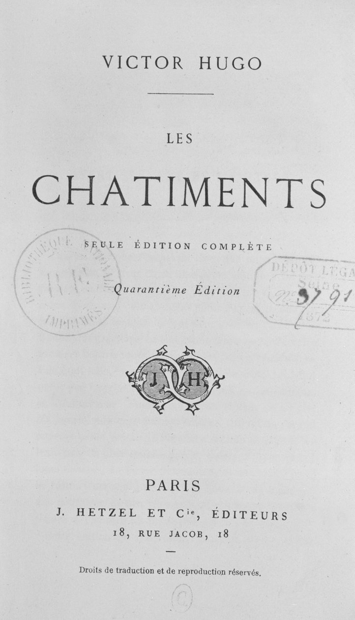 Page de titre de Les Châtiments (1853) par Victor Hugo, 40ème édition publiée par J. Hetzel, 1872 - French School