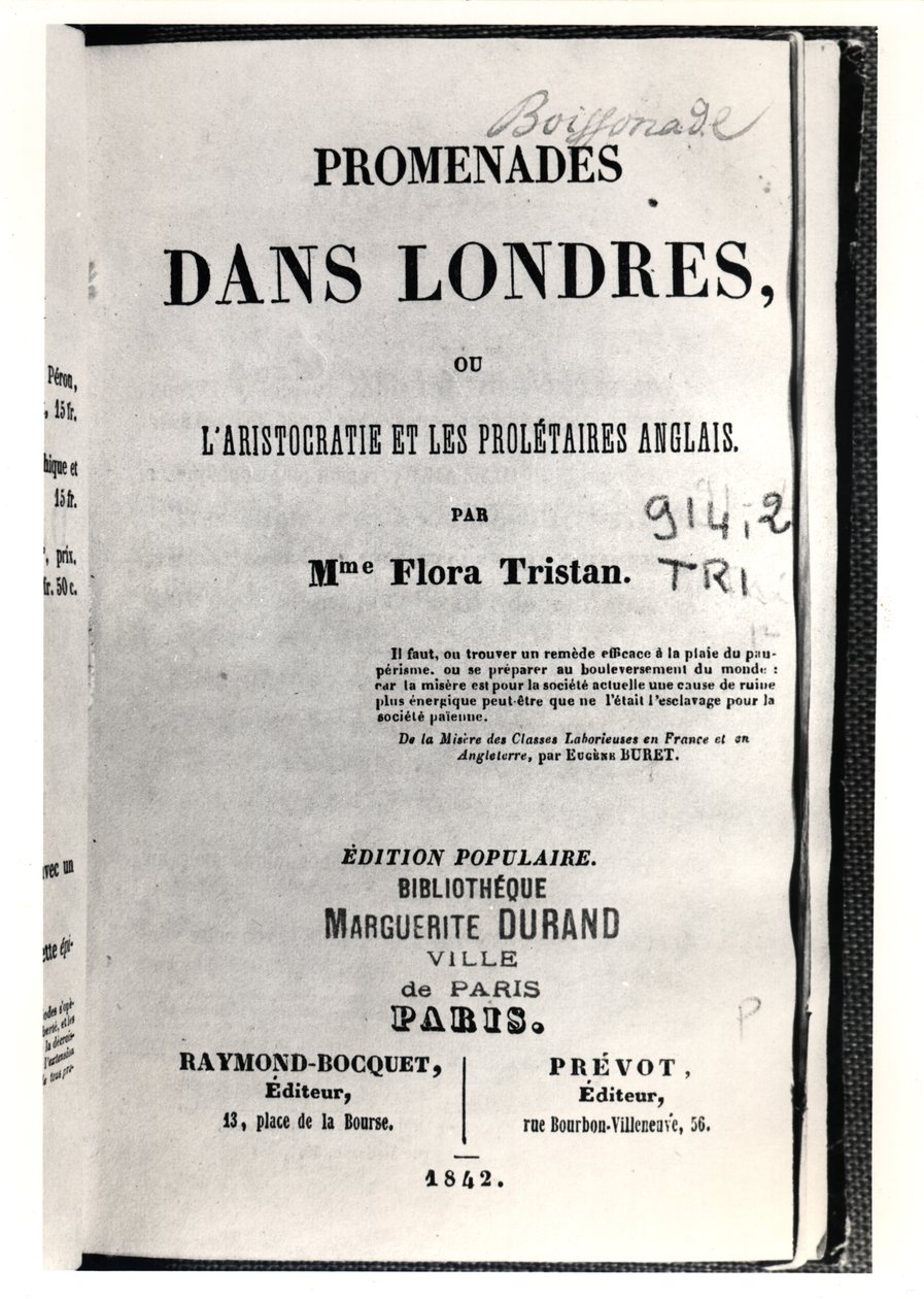 Page de titre de Promenades dans Londres par Flora Tristan, publié à Paris par Raymond-Bocquet et Prévot, 1842 - French School