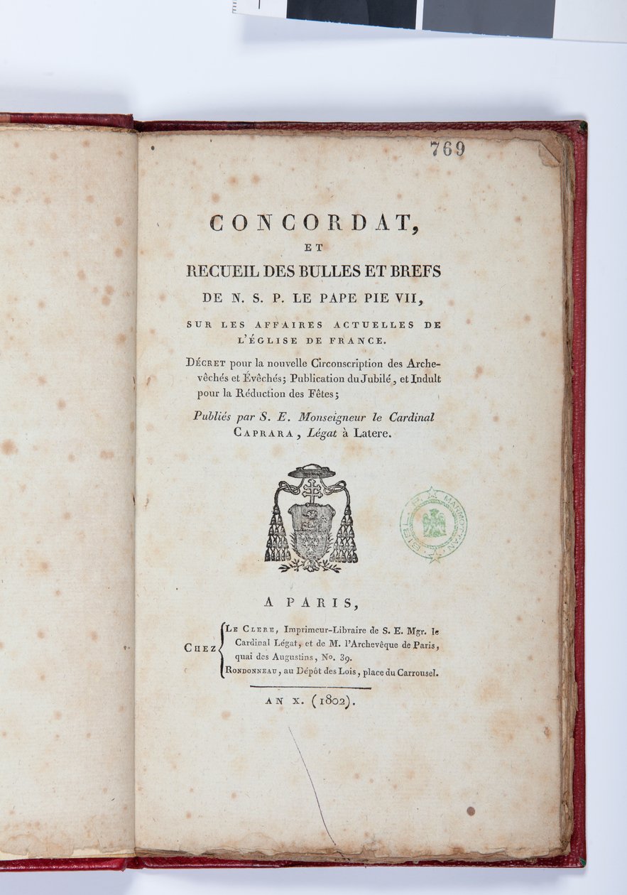 Page de titre du Concordat et Recueil des bulles et brefs de N. S. P. le Pape Pie VII, publié par Giovanni Battista Caprara, Paris, Chez Le Clers, 1802 - French School