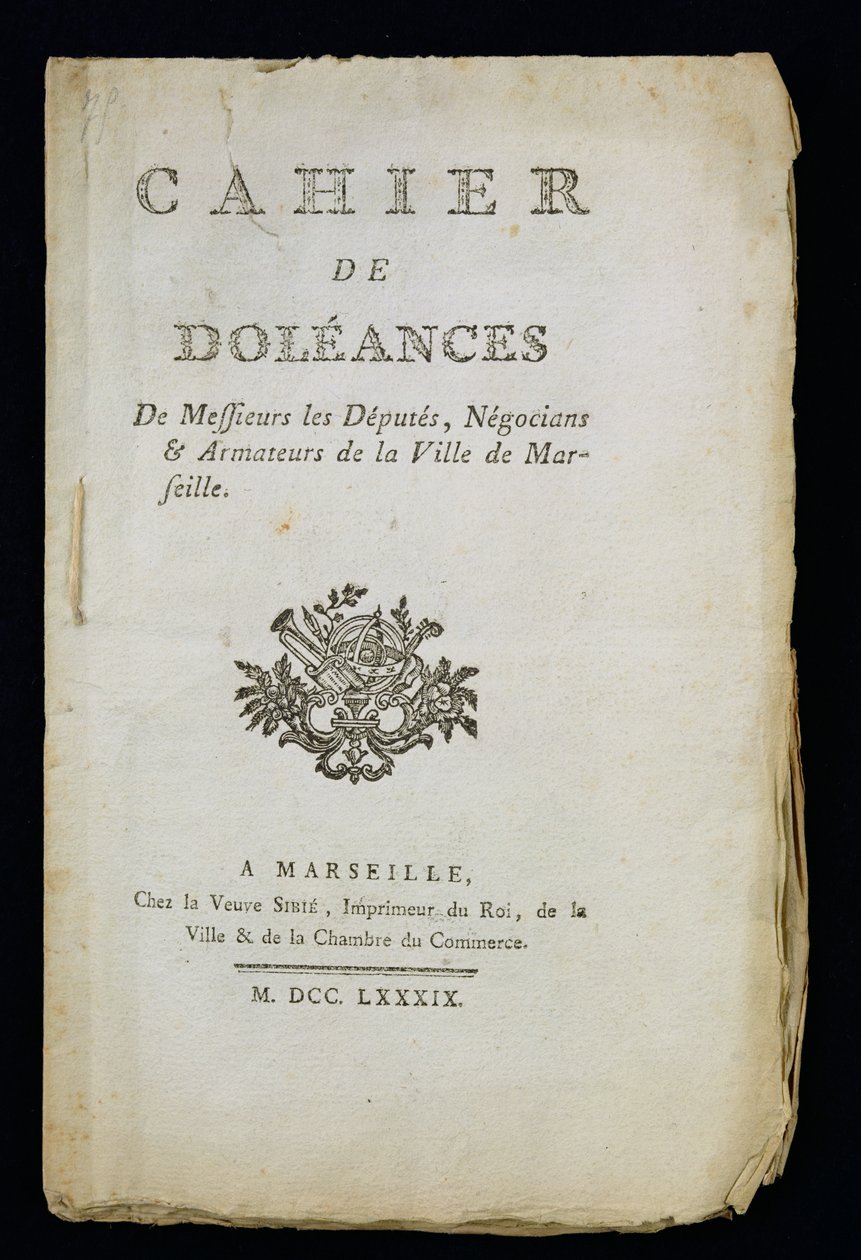 Page de titre du Livre des plaintes des députés, marchands et armateurs de Marseille, 1789 - French School