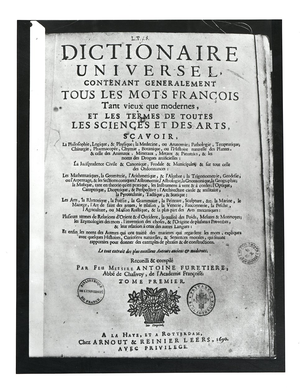 Page de titre du Dictionnaire Universel par Antoine Furetière (1619-88) 1690 - French School