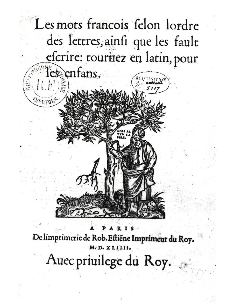 Page de titre du premier dictionnaire français-latin, 1544 - French School