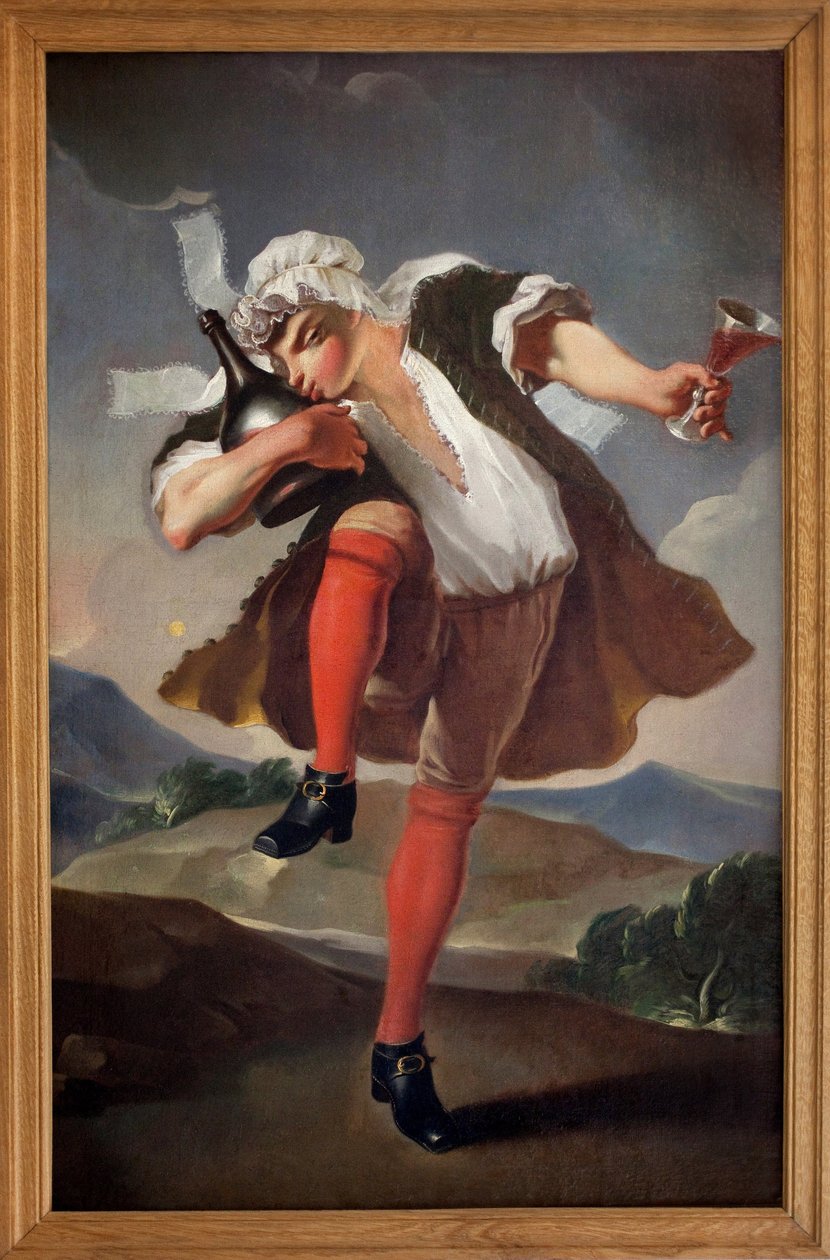 Aux trois ordres réunis. Un homme représentant le Clergé, la Noblesse et le Tiers État tient un verre de vin rouge et embrasse une bouteille. Panneau peint de marchand de vin. Peinture anonyme, période révolutionnaire - French School