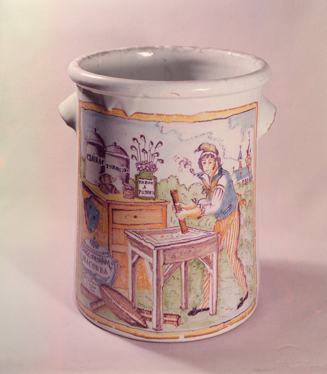 Pot à tabac représentant un buraliste, atelier de Bordeaux (faïence) - French School