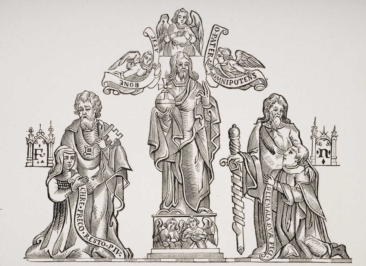 Décoration de tombeau représentant Nicolas Flamel (c.1330-c.1418) et sa femme Pernelle, d