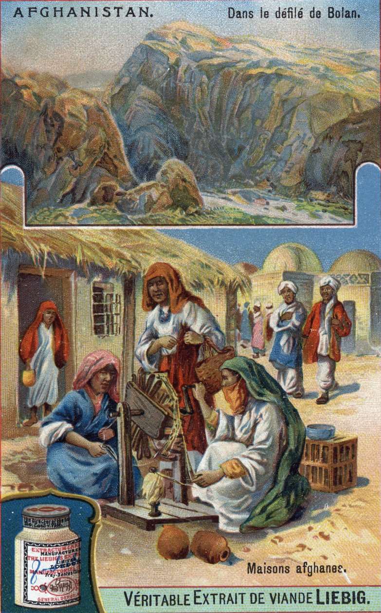 En haut : Parade de Bolan en Afghanistan. En bas : Femmes afghanes tissant de la laine devant leurs maisons. Chromolithographie du 19ème siècle - French School