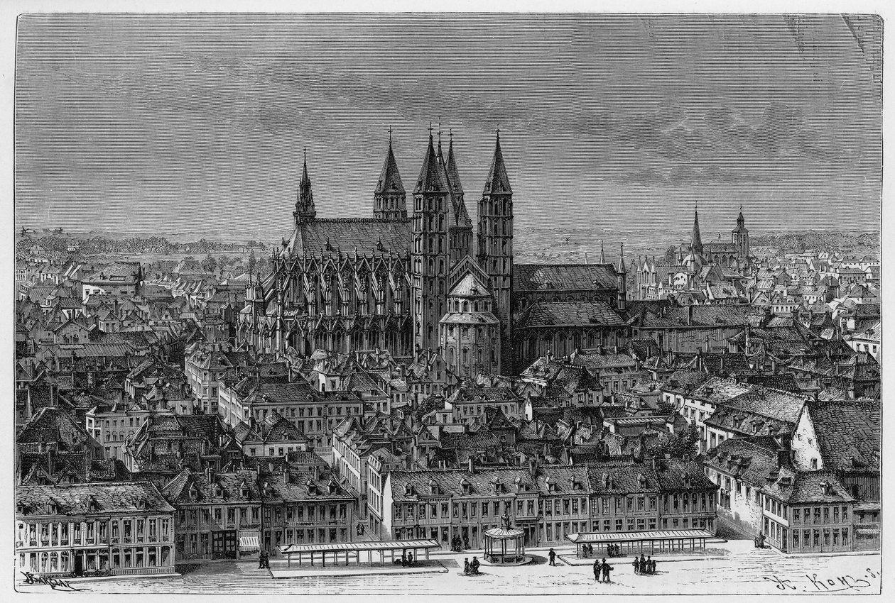 Tournai : vue extérieure de Notre-Dame et panorama de la ville. Gravure par Barclay, pour illustrer l